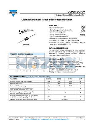 CGP30 datasheet - Clamper/Damper Glass Passivated Rectifier