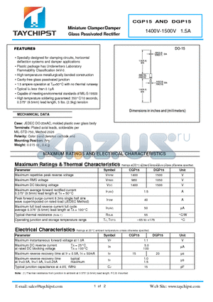 CGP15 datasheet - Miniature Clamper/Damper Glass Passivated Rectifier