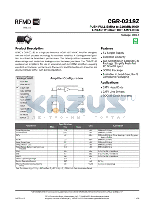 CGR0218ZTR13 datasheet - PUSH-PULL 5MHz to 210MHz HIGH LINEARITY InGaP HBT AMPLIFIER