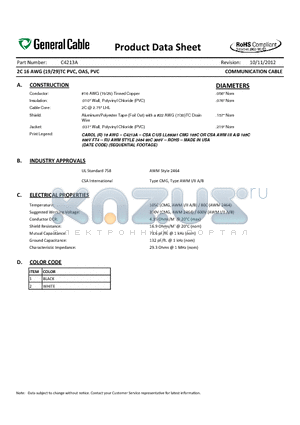 C4213A datasheet - 2C 16 AWG (19/29)TC PVC, OAS, PVC COMMUNICATION CABLE