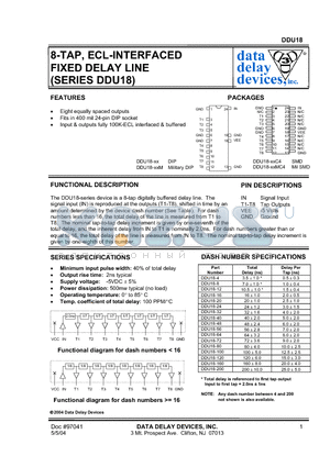 DDU18-100M datasheet - 8-TAP, ECL-INTERFACED FIXED DELAY LINE FIXED DELAY LINE