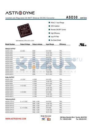 ASD30 datasheet - Isolated and Regulated 30 WATT Modular DC/DC Converters