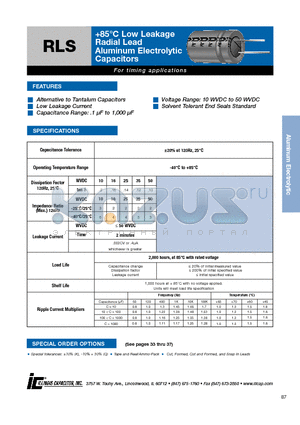 104RLS050M datasheet - 85`C Low Leakage Radial Lead Aluminum Electrolytic Capacitors