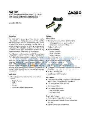 ASDL-3007 datasheet - Data Compliant Low Power 115.2 Kbit/s with Remote Control Infrared Transceiver