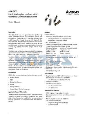 ASDL-3023-021 datasheet - IrDA Data Compliant Low Power 4Mbit/s with Remote Control Infrared Transceiver