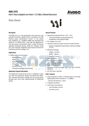 ASDL-3212 datasheet - IrDA Data Compliant Low Power 1.152 Mbit/s Infrared Transceiver