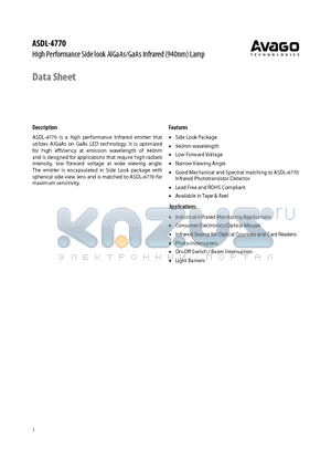 ASDL-4770-C41 datasheet - High Performance Side look AlGaAs/GaAs Infrared (940nm) Lamp