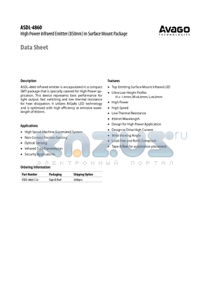 ASDL-4860 datasheet - High Power Infrared Emitter (850nm) in Surface Mount Package