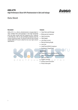 ASDL-6770 datasheet - High Performance Silicon NPN Phototransistor in Side Look Package