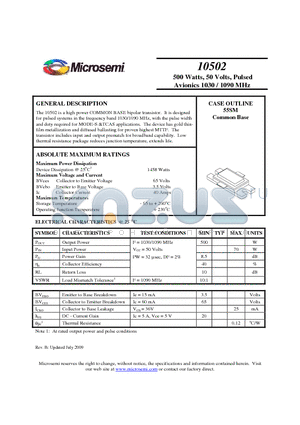 10502 datasheet - 500 Watts, 50 Volts, Pulsed Avionics 1030 / 1090 MHz