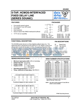 DDU66C-175ME7 datasheet - 5-TAP, HCMOS-INTERFACED FIXED DELAY LINE (SERIES DDU66C)