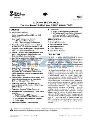AIC111 datasheet - IC DESIGN SPECIFICATION 1.3-V microPower DSP/uC VOICE BAND AUDIO CODEC