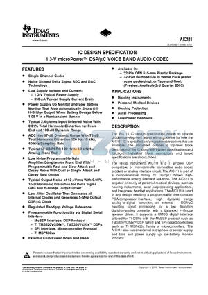 AIC111RHBR datasheet - IC DESIGN SPECIFICATION 1.3-V microPower DSP/uC VOICE BAND AUDIO CODEC