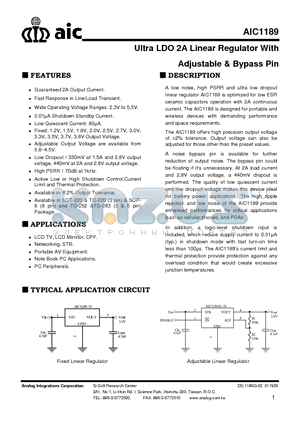 AIC1189-XXGY3 datasheet - Ultra LDO 2A Linear Regulator With Adjustable & Bypass Pin