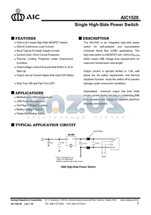 AIC1520 datasheet - Single High-Side Power Switch
