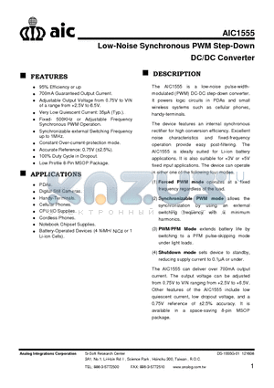 AIC1554 datasheet - Low-Noise Synchronous PWM Step-Down DC/DC Converter