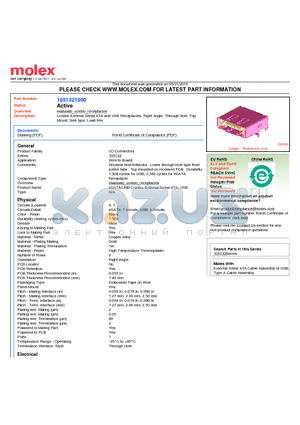 105132-1000 datasheet - Combo External Serial ATA and USB Receptacles, Right Angle, Through hole, Top Mount, Sink type, Lead free