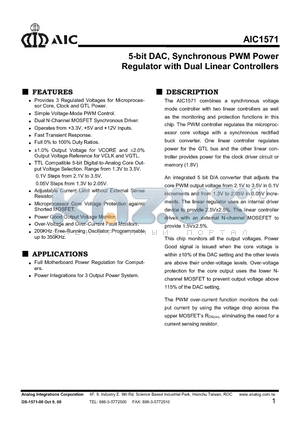 AIC1571 datasheet - 5-bit DAC, Synchronous PWM Power Regulator with Dual Linear Controllers