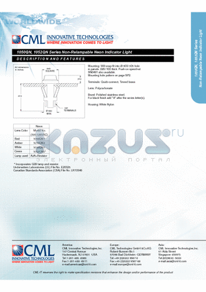 1052QN5 datasheet - Non-Relampable Neon Indicator Light