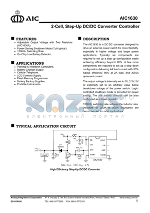 AIC1630CS datasheet - 2-Cell, Step-Up DC/DC Converter Controller