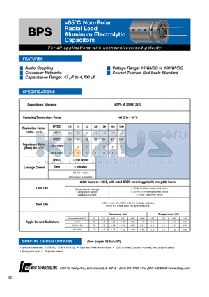 105BPS050M datasheet - 85`C Non-Polar Radial Lead Aluminum Electrolytic Capacitors