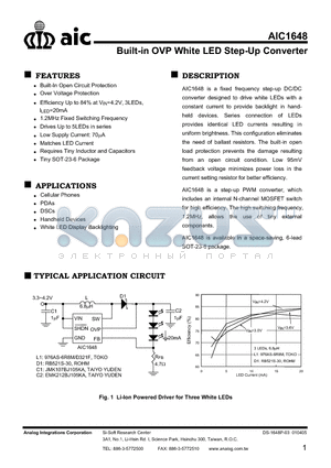 AIC1648 datasheet - Built-in OVP White LED Step-Up Converter