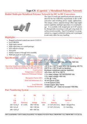 105K500CS6 datasheet - Metallized Polymer Network Radial Multi-pin Metallized Polymer Network for DC to DC Converters