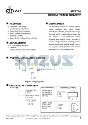 AIC1714-30CZ datasheet - Negative Voltage Regulator