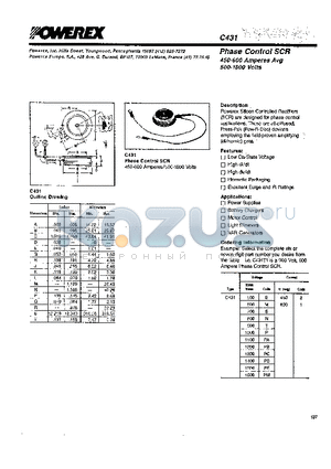 C431S datasheet - Phase Control SCR 450-600 Amperes Avg 500-1800 Volts