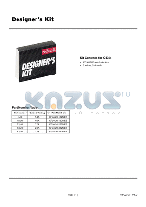 C436 datasheet - XFL4020 Power Inductors, 5 values, 5 of each