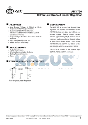 AIC1720-50CX datasheet - 100mA Low Dropout Linear Regulator