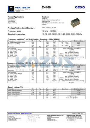 C4400 datasheet - OCXO 4-Pin Dip Surface Mount Package Optional Fast Warm-up