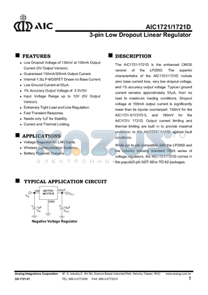 AIC1721D-5CZ datasheet - 3-pin Low Dropout Linear Regulator