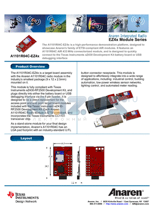 A1101R04C-EZ4X_0 datasheet - The A1101R04C-EZ4x is a target board assembly with the Anaren A1101R04C radio module in the industrys smallest package (9 x 12 x 2.5mm) mounted on it.
