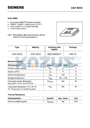 CGY0918 datasheet - GaAs MMIC (Dual band GSM/PCN power amplifier 35dBm / 34dBm output power at 3.5 V Two amplifiers in a single package)