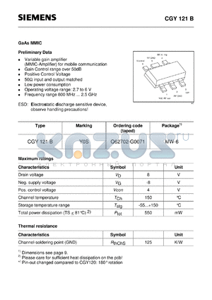 CGY121 datasheet - GaAs MMIC (Variable gain amplifier MMIC-Amplifier for mobile communication Gain Control range over 50dB)