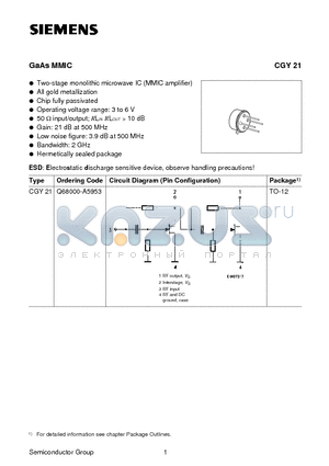 CGY21 datasheet - GaAs MMIC (Two-stage monolithic microwave IC MMIC amplifier)