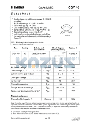 CGY40 datasheet - GaAs MMIC (Single-stage monolithic microwave IC  MMICamplifier  Application range: 100 MHz to 3 GHz)