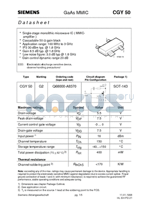CGY50 datasheet - GaAs MMIC (Single-stage monolithic microwave IC  MMICamplifier  Cascadable 50 Y gain block)