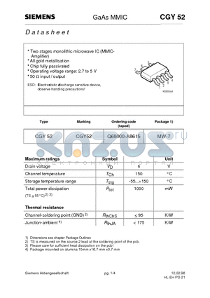 CGY52 datasheet - GaAs MMIC (Two stages monolithic microwave IC MMICAmplifier All gold metallisation)