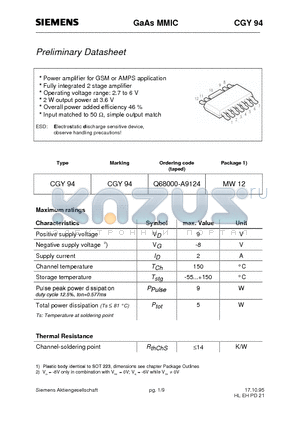 CGY94 datasheet - GaAs MMIC (Power amplifier for GSM or AMPS application Fully integrated 2 stage amplifier Operating voltage range: 2.7 to 6 V)