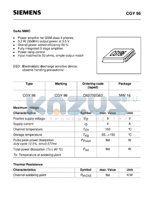 CGY96 datasheet - GaAs MMIC (Power amplifier for GSM class 4 phones 3.2 W 35dBm output power at 3.5 V Overall power added efficiency 50%)