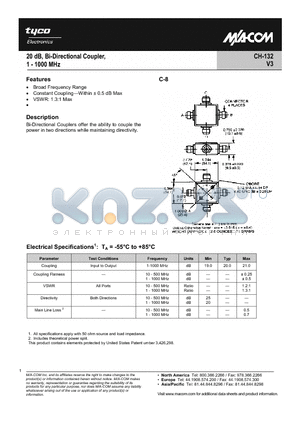 CH-132 datasheet - 20dB, Bi-Directional Coupler, 1-1000 MHz