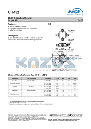 CH-132 datasheet - 20 dB, Bi-Directional Coupler, 1 - 1000 MHz Rev. V3