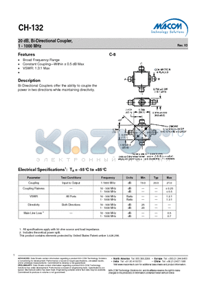 CH-132TNC datasheet - 20 dB, Bi-Directional Coupler, 1 - 1000 MHz Rev. V3