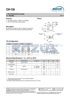 CH-138 datasheet - 11 dB, Bi-Directional Coupler, 10 - 500 MHz