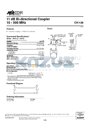 CH-138PIN datasheet - 11 dB Bi-directional Coupler 10 - 500 MHz