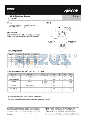 CH-138PIN datasheet - 11dB Bi-Directional Couplers, 10 - 500 MHz