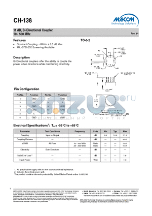 CH-138PIN datasheet - 11 dB, Bi-Directional Coupler, 10 - 500 MHz