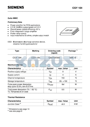 CGY184 datasheet - GaAs MMIC (Power amplifier for PCN applications 2.5 W 34dBm output power at 3.5 V)